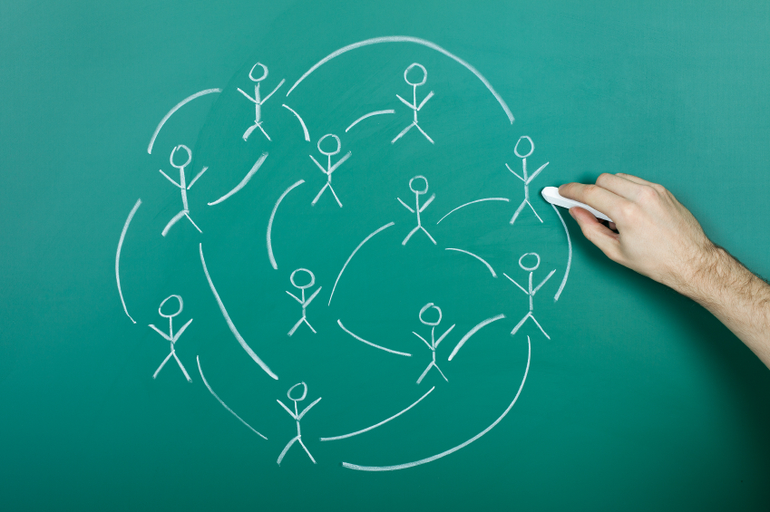 Drawing social network on a green chalkboard