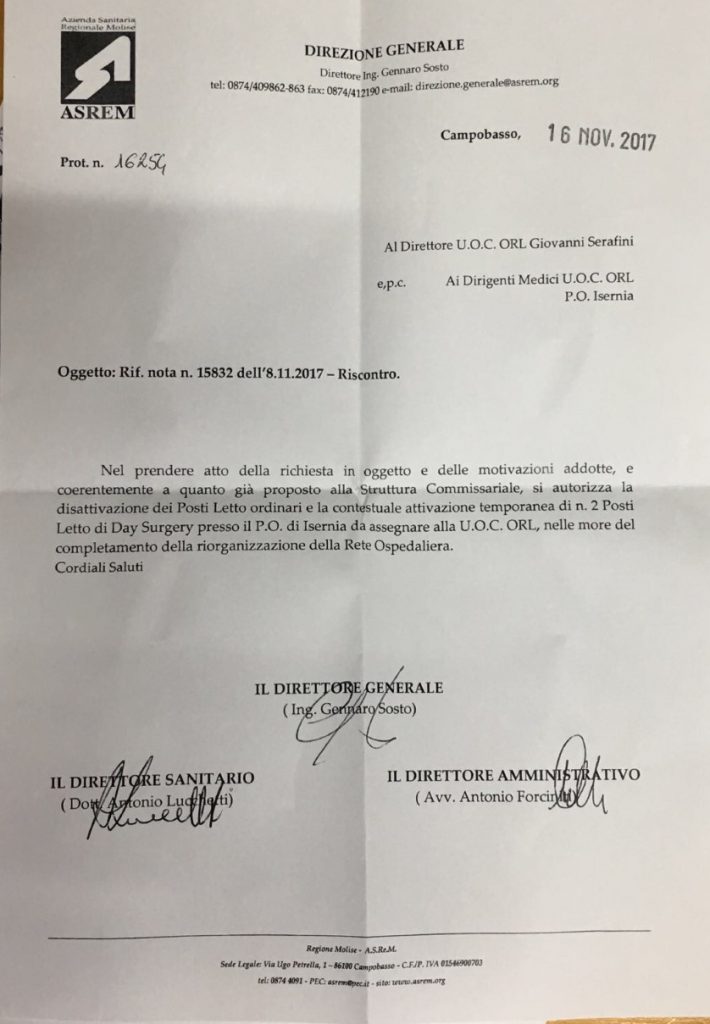 Oltre i tagli, il reparto di Otorino di Isernia si salva: firmato il decreto