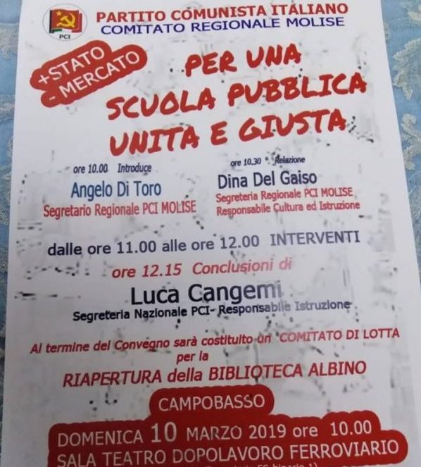 Scuola pubblica, ne discute il Pci al Dopolavoro ferroviario di Campobasso