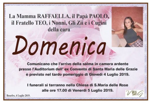 Una vita spezzata a soli 18 anni, oggi a Bonefro l’ultimo saluto a Domenica