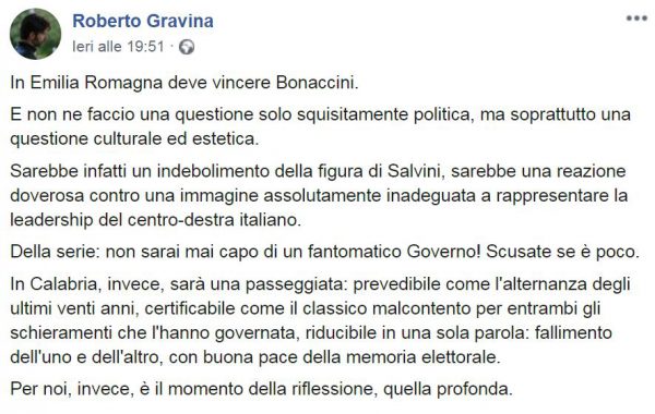 Gravina: «Nessun accordo col Pd, resto nel Movimento»