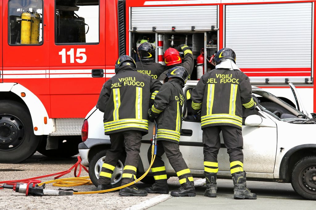 brave firefighters relieve an injured after an accident during a practice session in the fire station