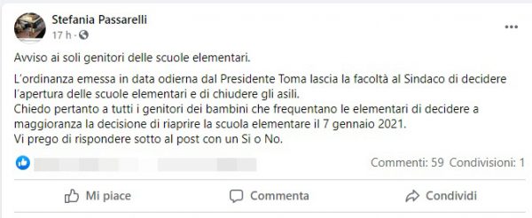 A Pozzilli la sindaca decide di riaprire le elementari dopo un sondaggio su Facebook
