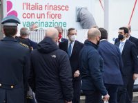 Italian Premier Mario Draghi arrives for a visit at the Covid-19 vaccination center in Fiumicino, near Rome, Italy, 12 March 2021. ANSA/TELENEWS