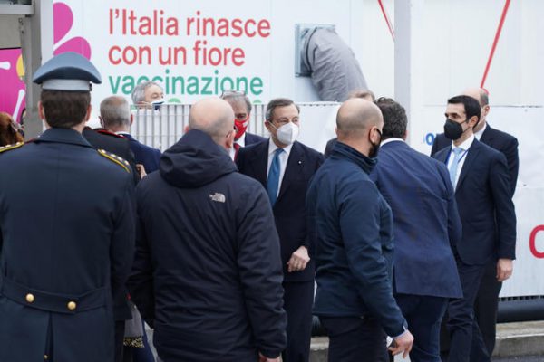 Italian Premier Mario Draghi arrives for a visit at the Covid-19 vaccination center in Fiumicino, near Rome, Italy, 12 March 2021. ANSA/TELENEWS