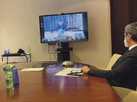 E' cominciato il tavolo, in videoconferenza, convocato dal ministro del Lavoro e delle Politiche sociali, Andrea Orlando, insieme al ministro della Salute, Roberto Speranza, e al ministro dello Sviluppo economico, Giancarlo Giorgetti, con le parti sociali per una valutazione sul funzionamento dei protocolli di sicurezza e sui vaccini nei luoghi di lavoro, 04 marzo 2021.  ANSA / Immagine tratta dal profilo Twitter Ministero Lavoro  +++ATTENZIONE LA FOTO NON PUO' ESSERE PUBBLICATA O RIPRODOTTA SENZA L'AUTORIZZAZIONE DELLA FONTE DI ORIGINE CUI SI RINVIA+++   +++NO SALES; NO ARCHIVE; EDITORIAL USE ONLY+++