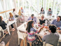 High angle view of large group of happy business people having lunch break in cafeteria and communicating among themselves.