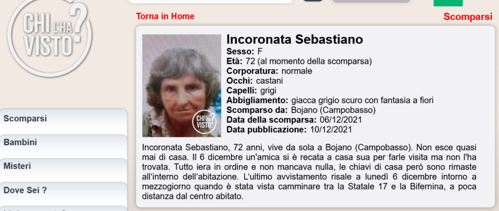 Incoronata, svanita nel nulla. In casa il suo mazzo di chiavi