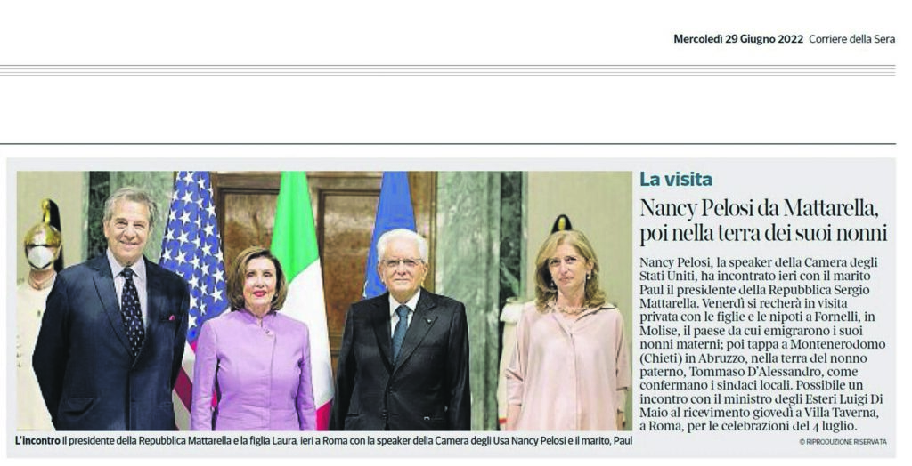Nancy Pelosi, la visita a Fornelli sui principali quotidiani italiani
