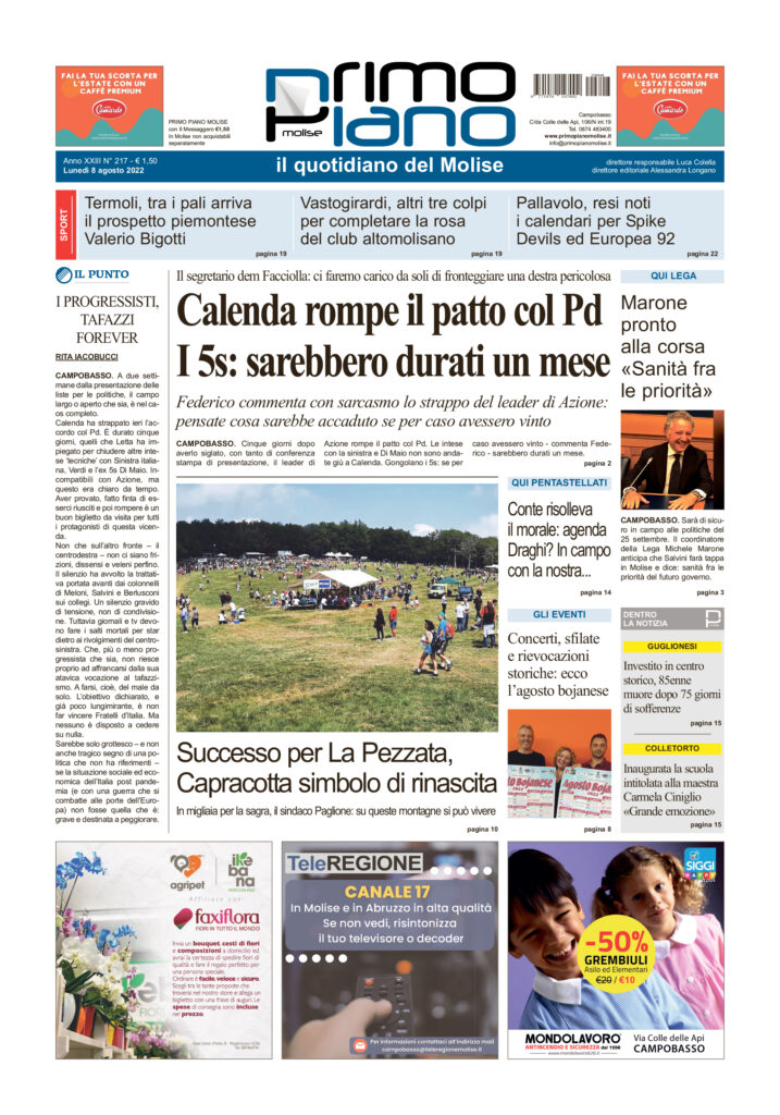 L’edizione completa di Primo Piano Molise del 8 agosto