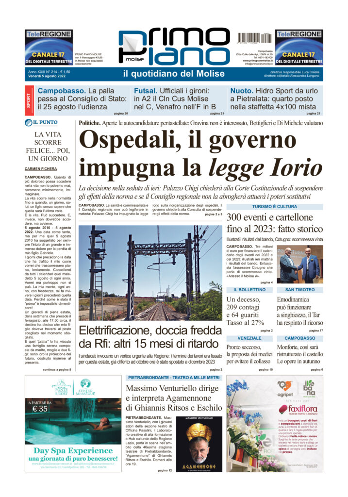 L’edizione completa di Primo Piano Molise del 5 agosto