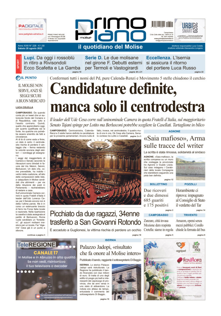 L’edizione completa di Primo Piano Molise del 20 agosto