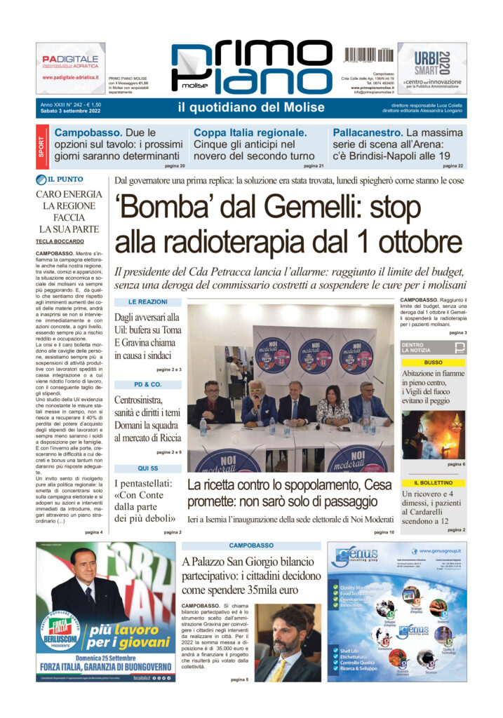 L’edizione completa di Primo Piano Molise del 3 settembre