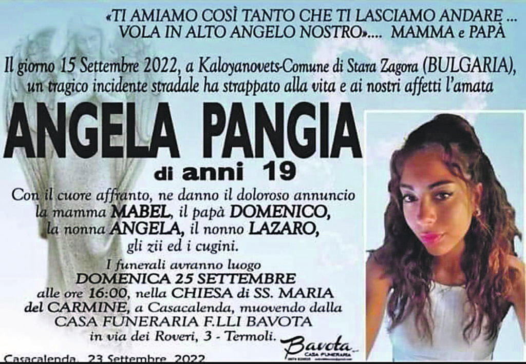 Oggi rientra il feretro di Angela Pangia, domenica alle 16 funerali a Casacalenda