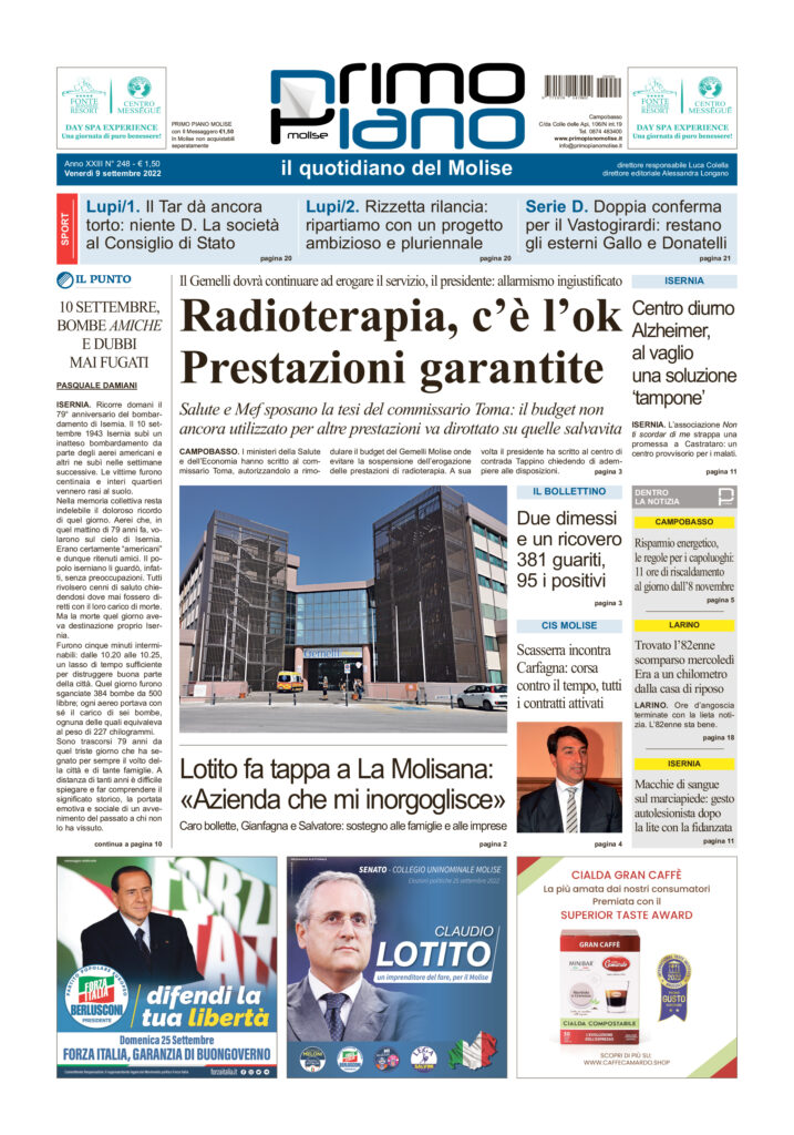 L’edizione completa di Primo Piano Molise del 9 settembre