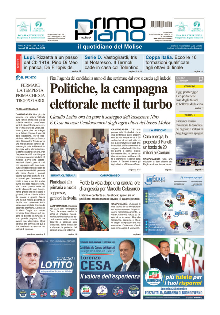 L’edizione completa di Primo Piano Molise del 12 settembre