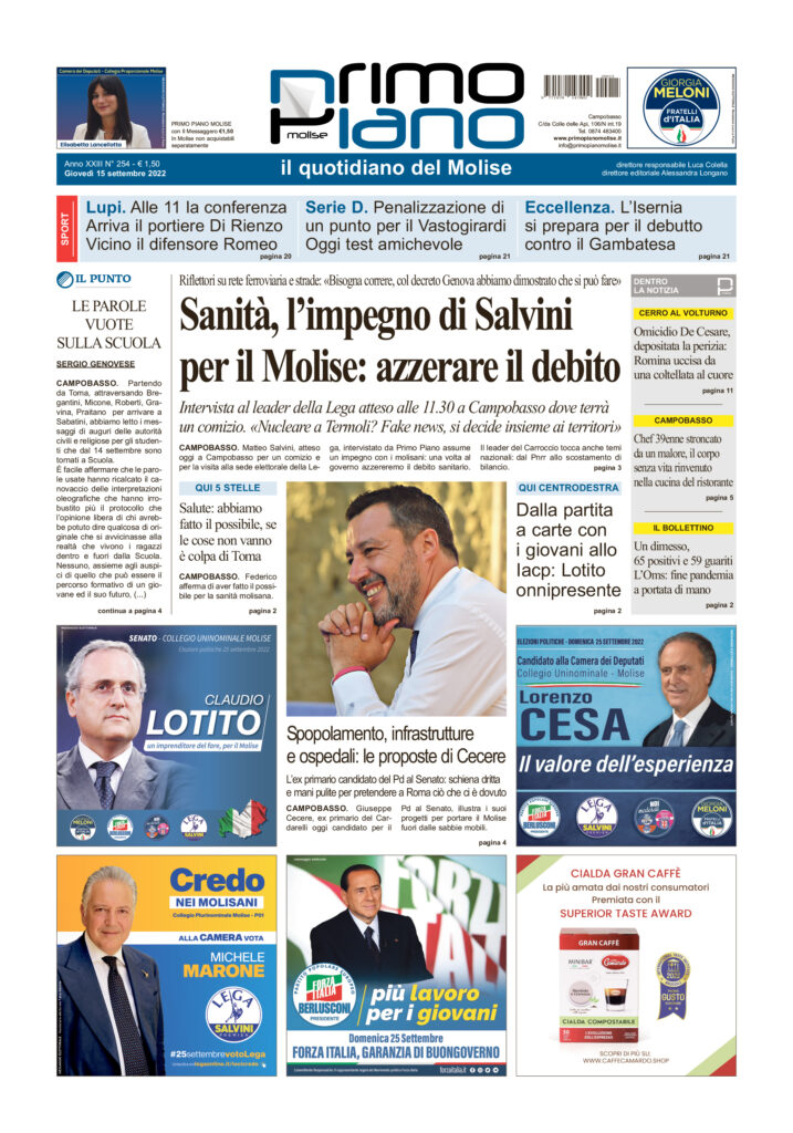 L’edizione completa di Primo Piano Molise del 15 settembre