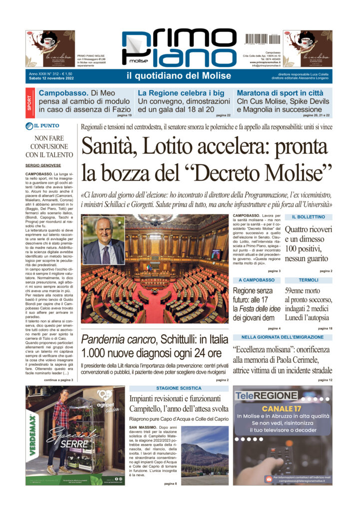 L’edizione completa di Primo Piano Molise del 12 novembre