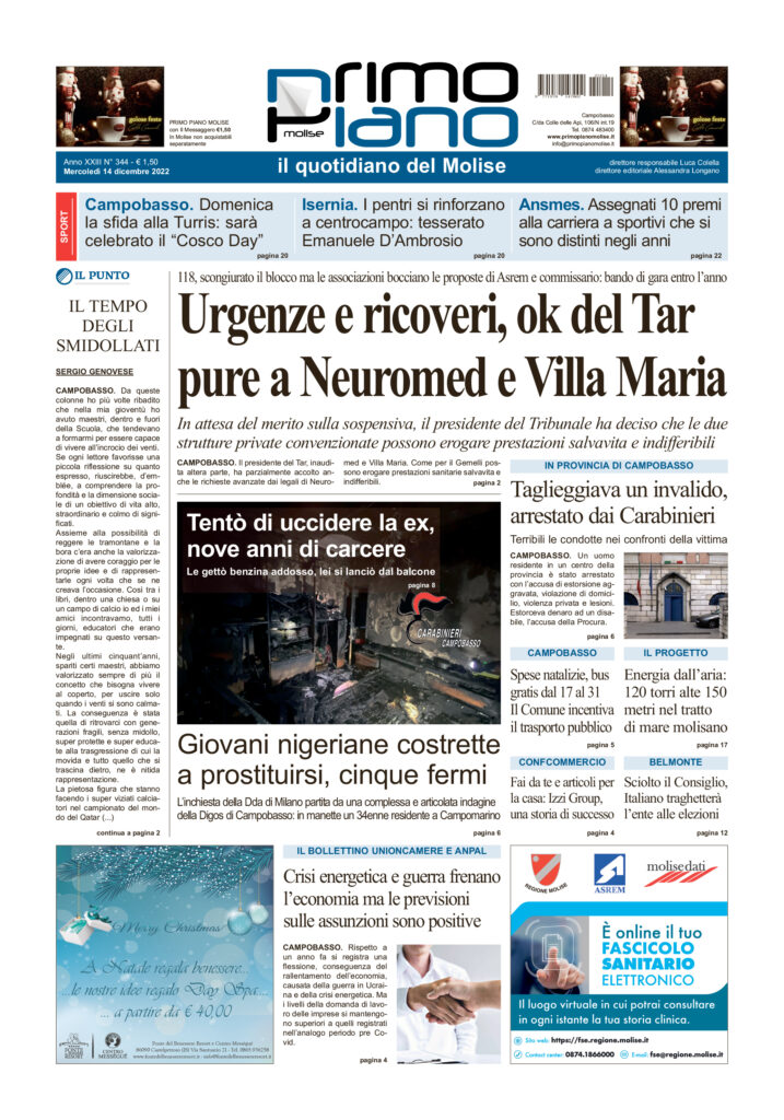 L’edizione completa di Primo Piano Molise del 14 dicembre