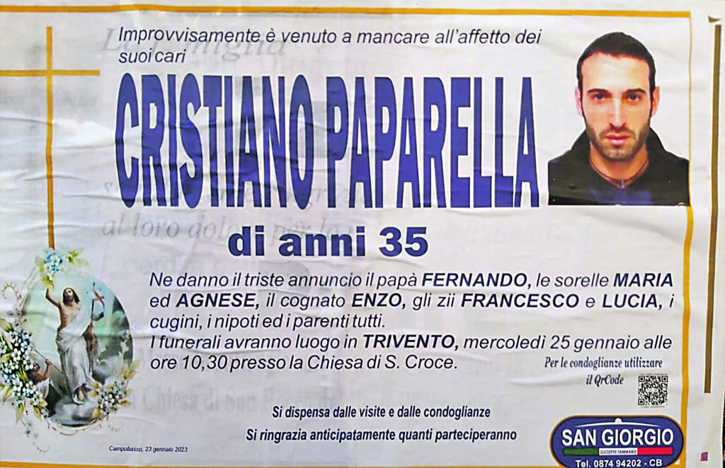 Una comunità affranta, oggi a Trivento l’abbraccio a Cristiano Paparella