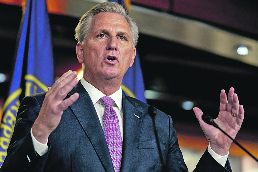 House Minority Leader Kevin McCarthy of Calif., speaks during his weekly press briefing on Capitol Hill, Thursday, April 22, 2021, in Washington. (AP Photo/Andrew Harnik)