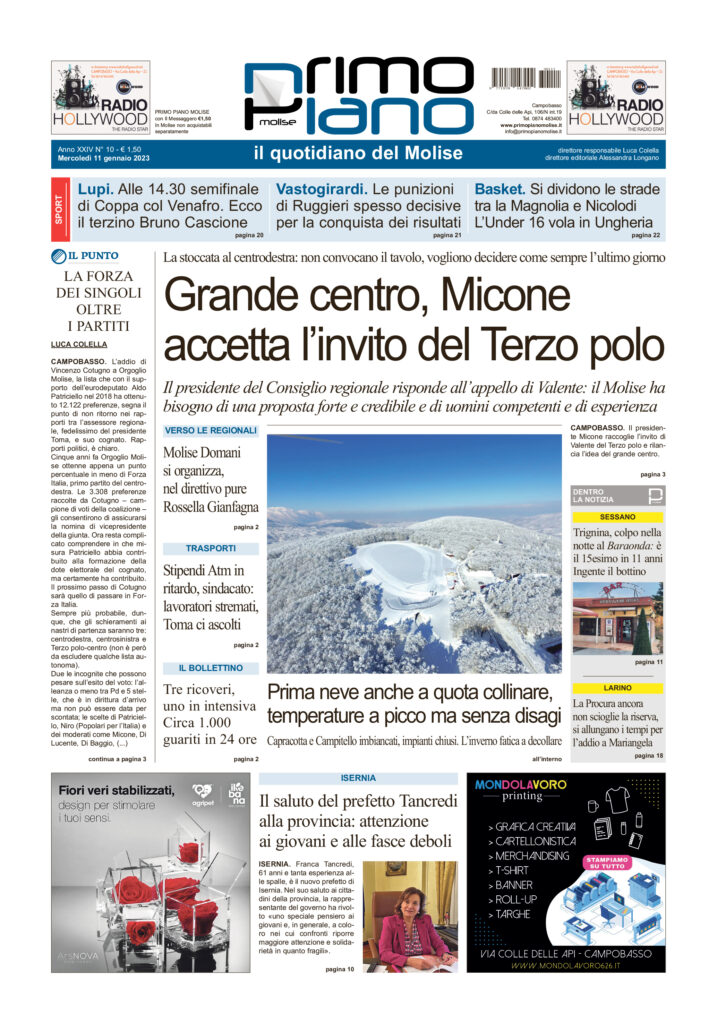 L’edizione completa di Primo Piano Molise dell’11 gennaio