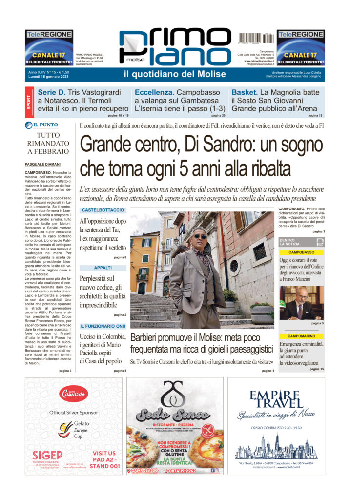 L’edizione completa di Primo Piano Molise del 16 gennaio