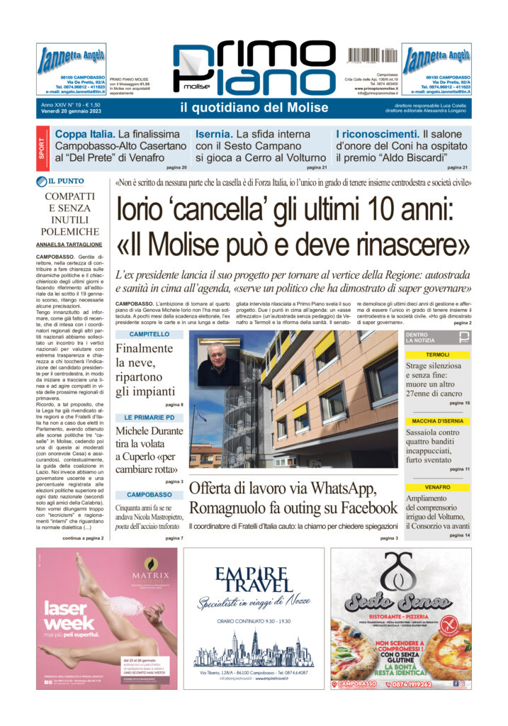 L’edizione completa di Primo Piano Molise del 20 gennaio