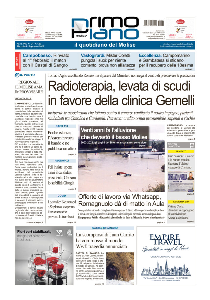 L’edizione completa di Primo Piano Molise del 25 gennaio