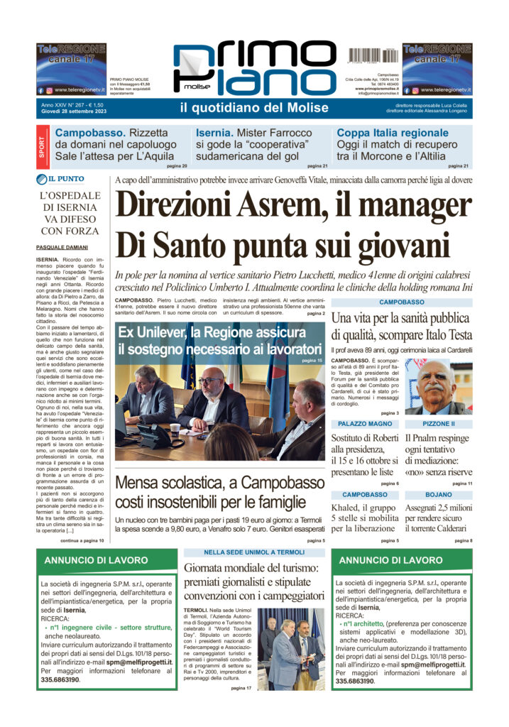 L’edizione completa di Primo Piano Molise del 28 settembre