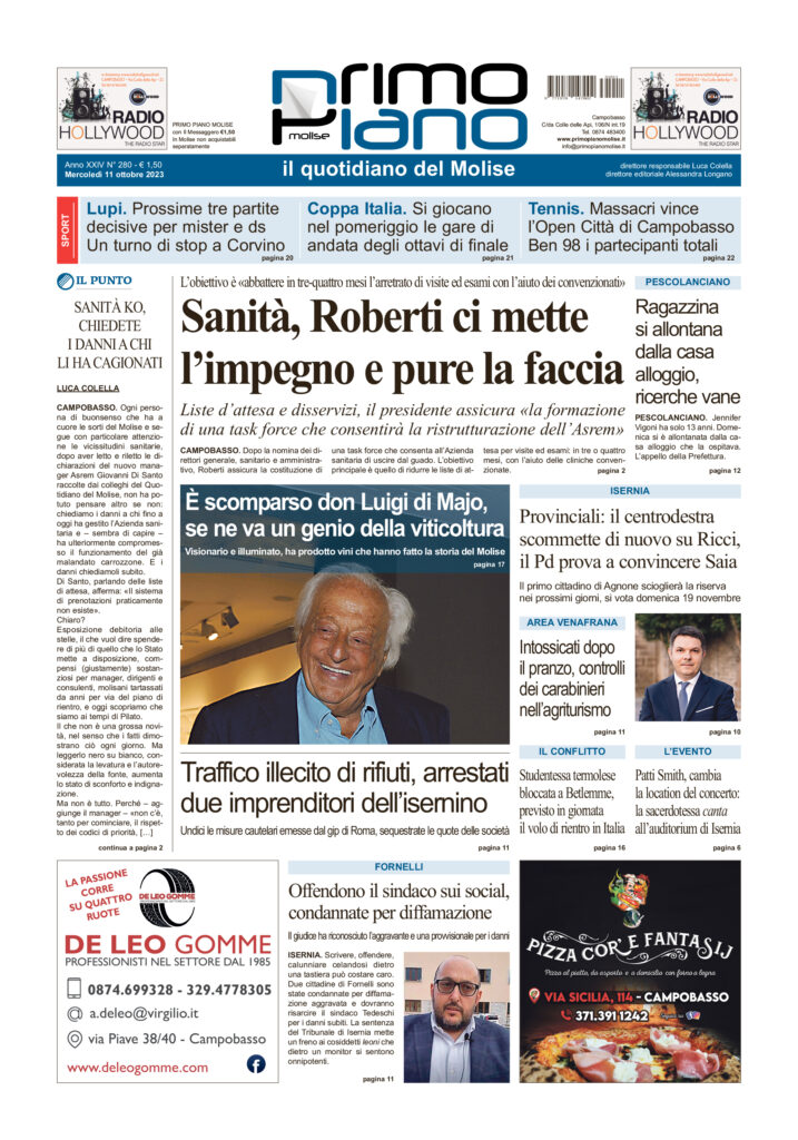 L’edizione completa di Primo Piano Molise dell’11 ottobre