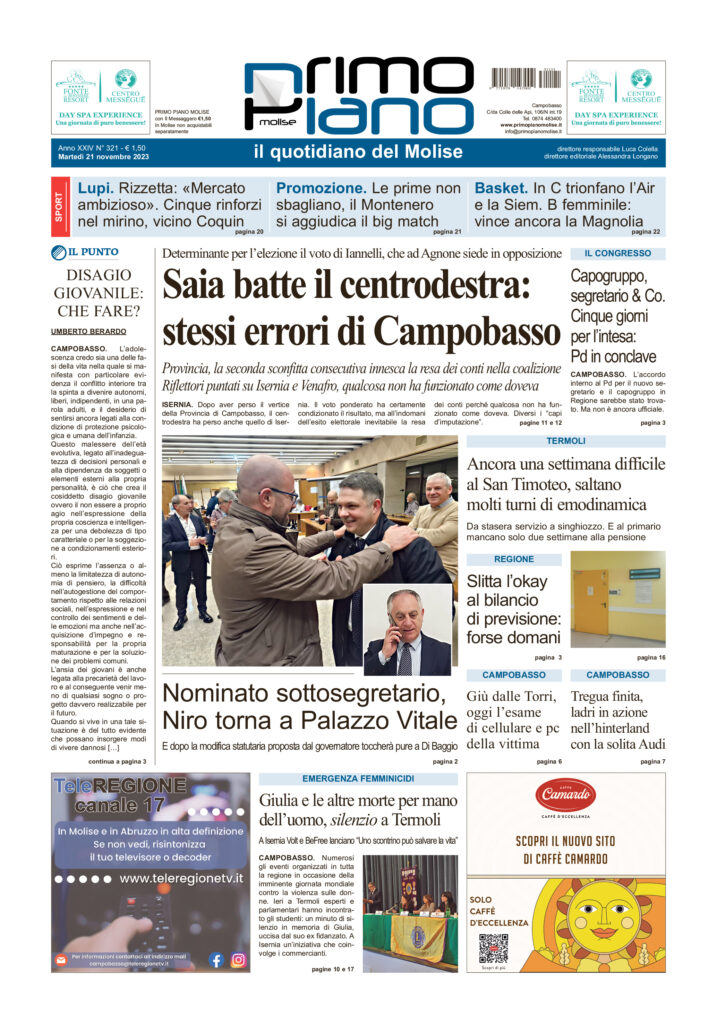 L’edizione completa di Primo Piano Molise del 21 novembre