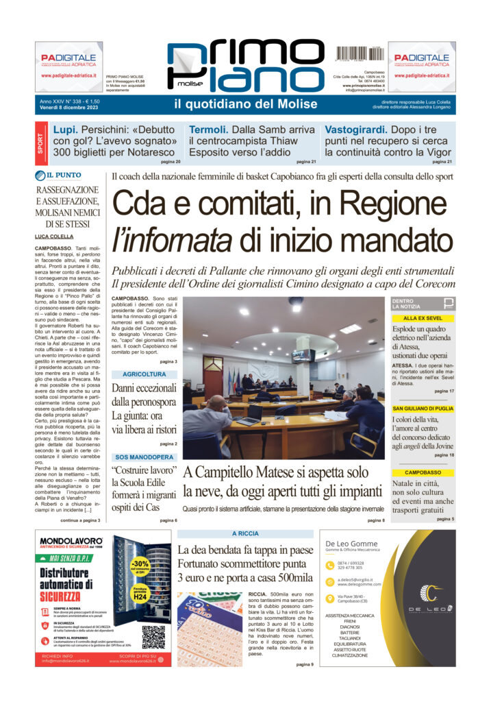 L’edizione completa di Primo Piano Molise dell’8 dicembre
