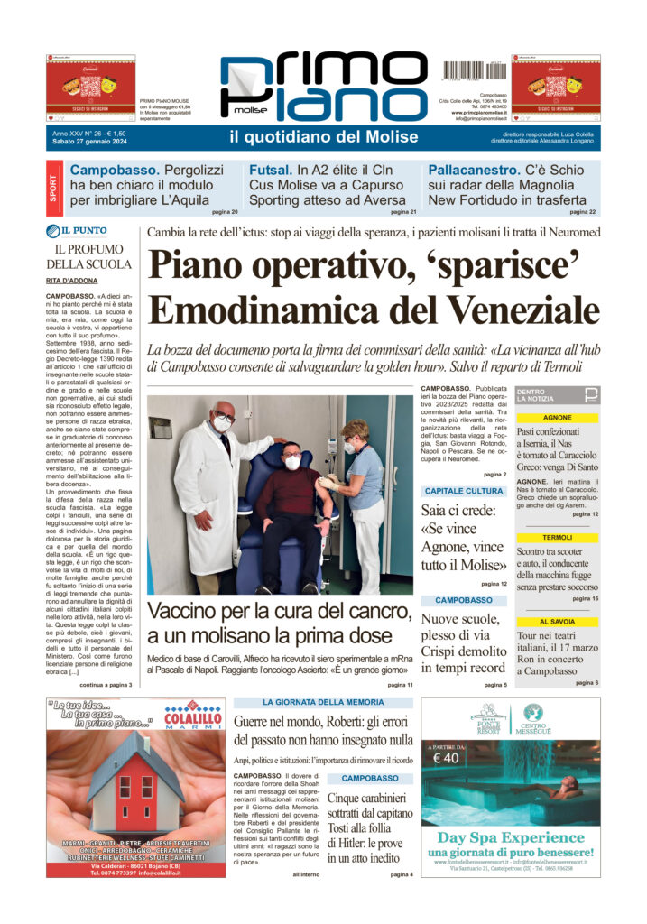 L’edizione completa di Primo Piano Molise del 27 gennaio