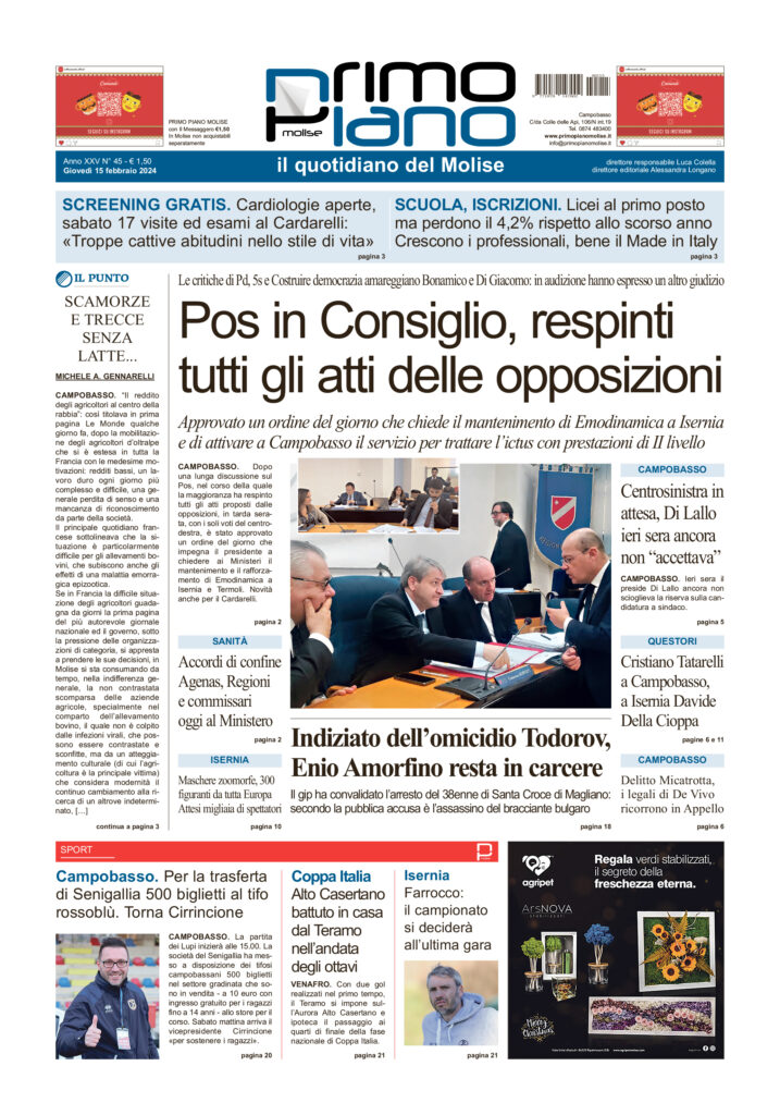 L’edizione completa di Primo Piano Molise del 15 febbraio