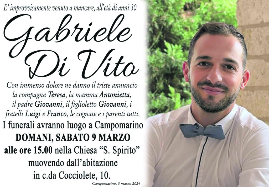 Campomarino. Oggi l’ultimo saluto a Gabriele Di Vito