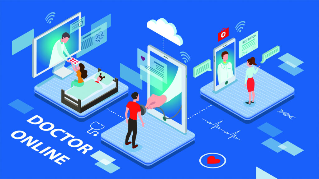 Doctor Online concept with sick patients being treated by medical personnel on virtual interactive screens in a blue toned vector illustration