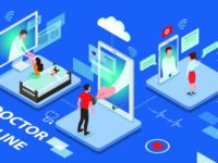 Doctor Online concept with sick patients being treated by medical personnel on virtual interactive screens in a blue toned vector illustration