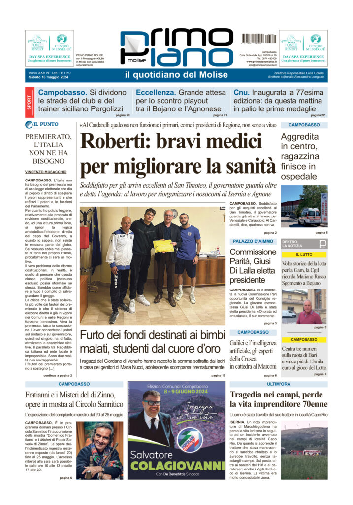 L’edizione completa di Primo Piano Molise del 18 maggio