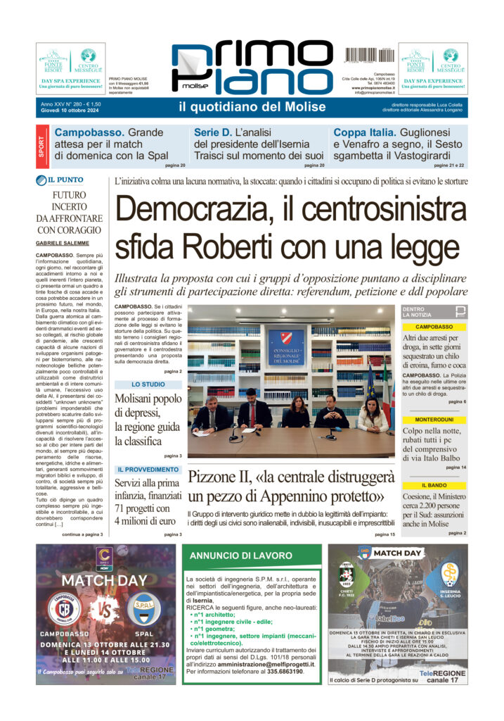 L’edizione completa di Primo Piano Molise del 10 ottobre