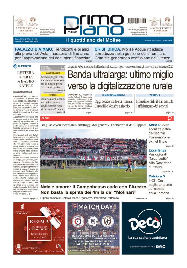 L’edizione completa di Primo Piano Molise del 23 dicembre