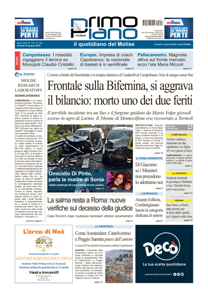 La prima pagina dell’edizione in edicola oggi