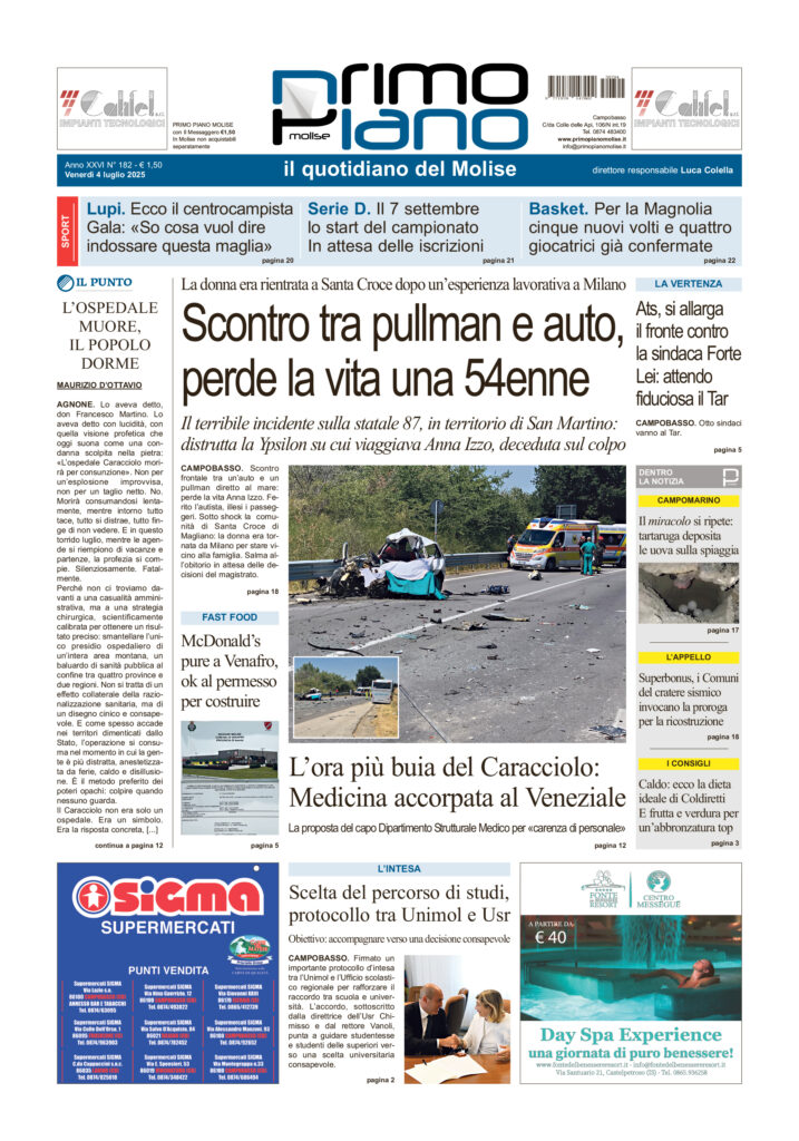 La prima pagina dell’edizione in edicola oggi