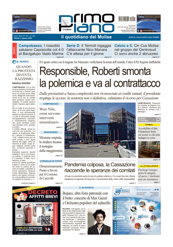 La prima pagina dell’edizione in edicola oggi