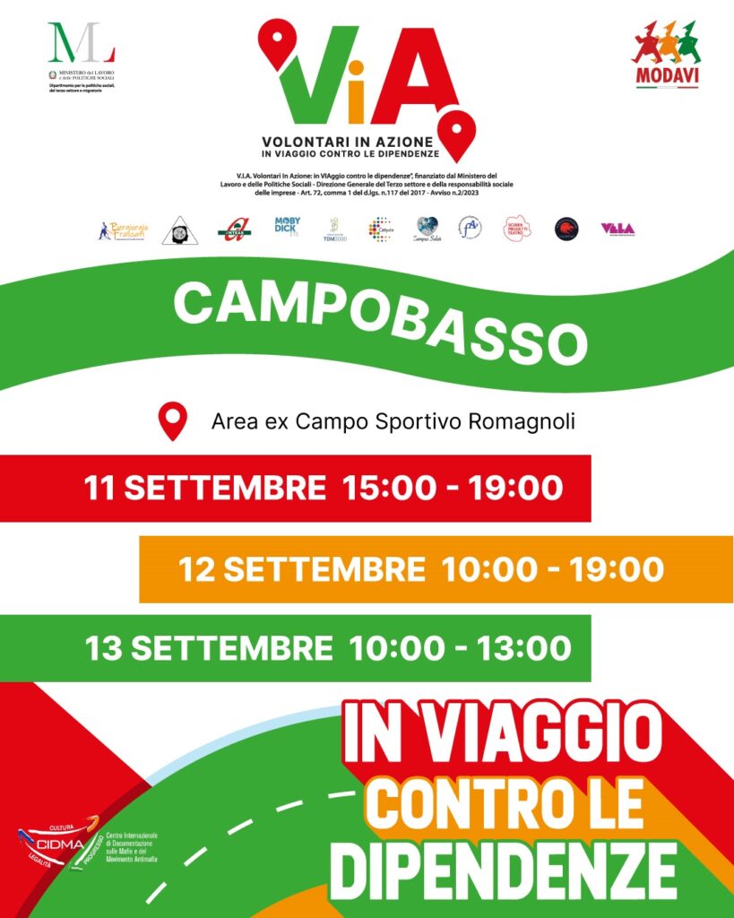 Il truck tour nazionale del progetto “Via-Volontari in azione – in Viaggio contro le dipendenze” fa sosta a Campobasso