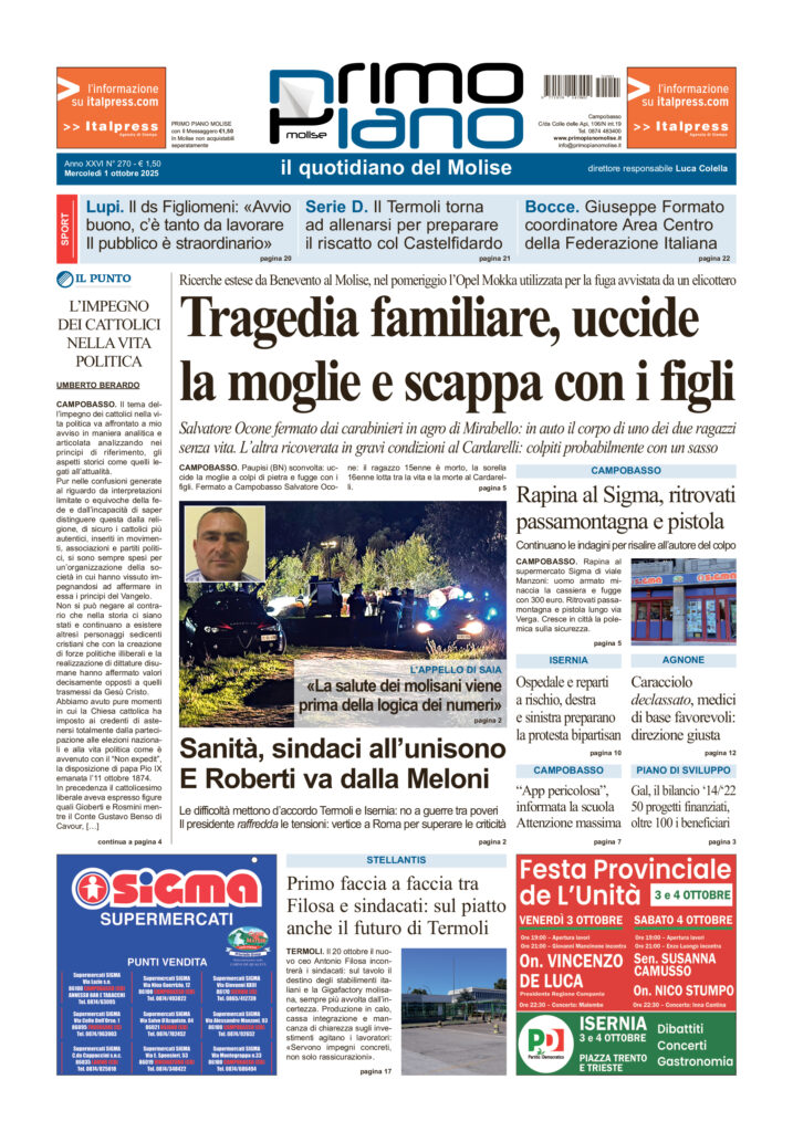 La prima pagina dell’edizione in edicola oggi