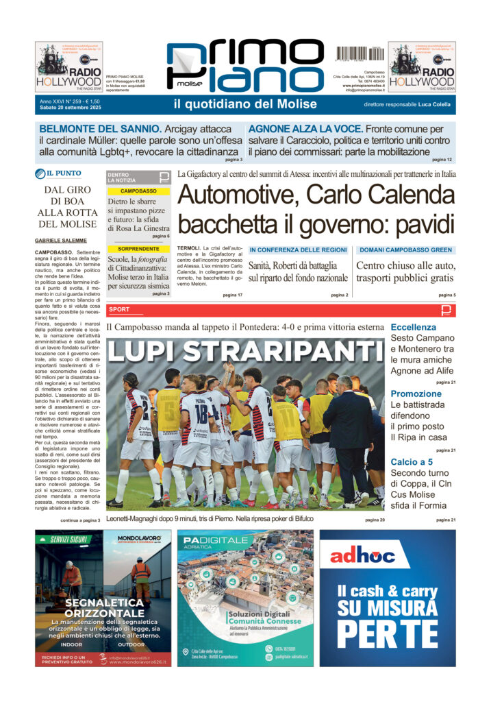 L’edizione completa di Primo Piano Molise del 20 settembre