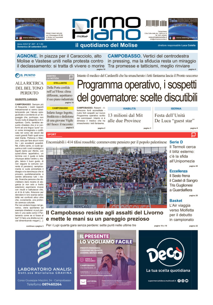 La prima pagina dell’edizione in edicola oggi