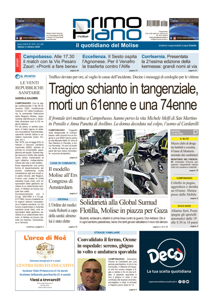 La prima pagina dell’edizione in edicola oggi