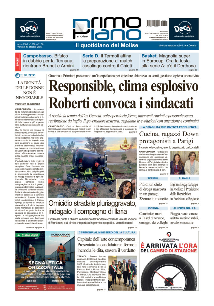 La prima pagina dell’edizione in edicola oggi